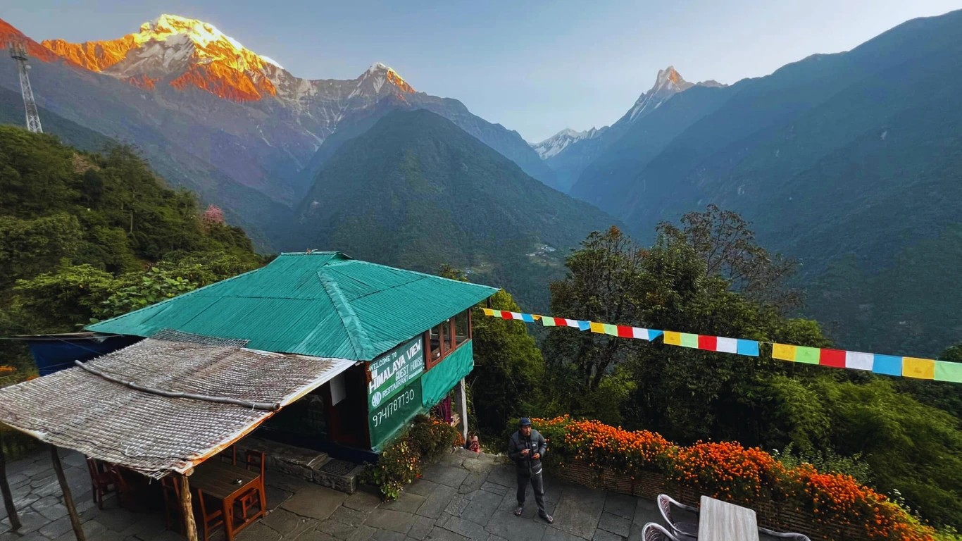 Annapurna Base Camp viewpoint from Chhomrong village showing terraced rice fields against Annapurna South peak