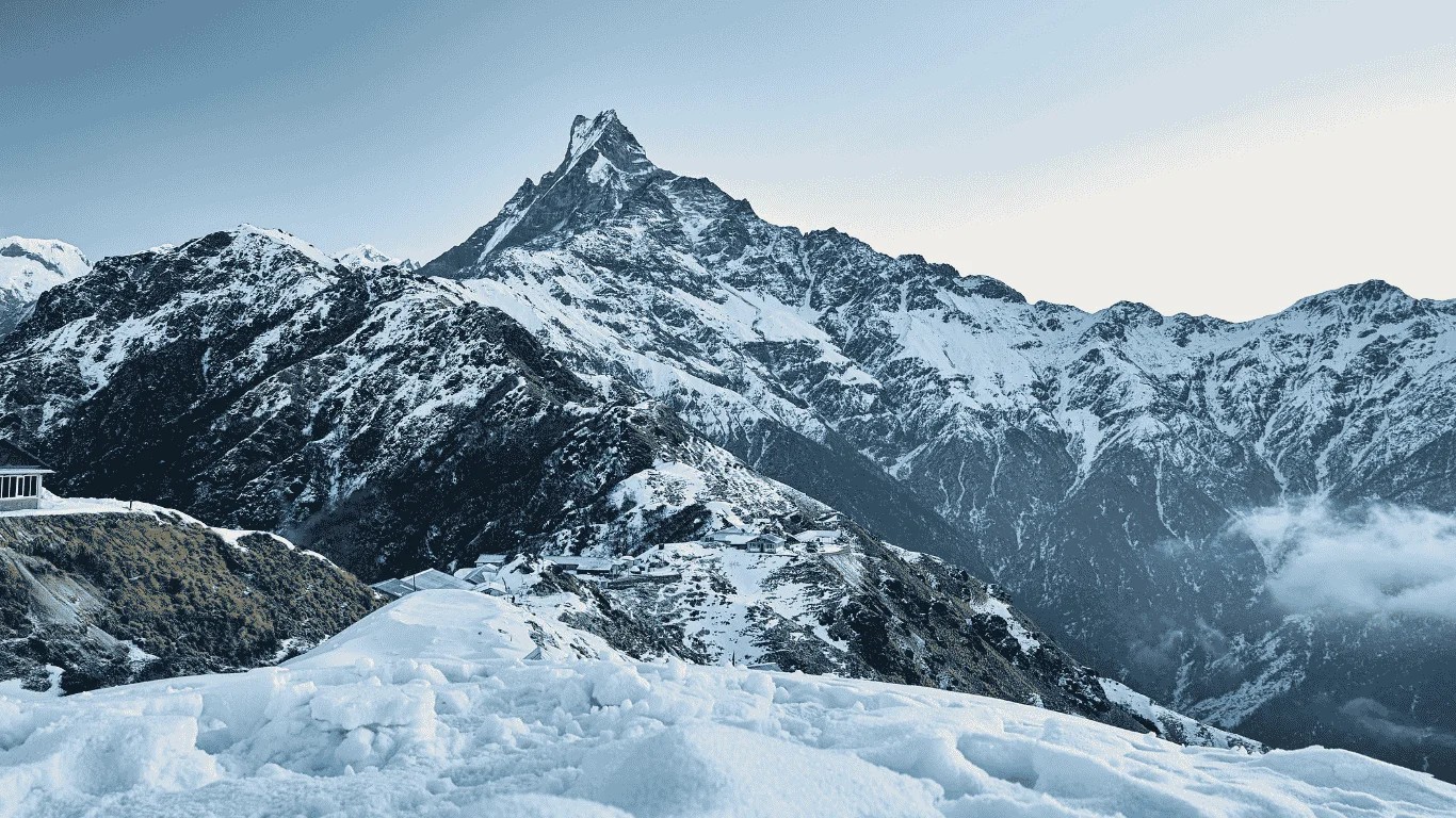 Snow-covered trail on the Mardi Himal Trek in winter, Nepal