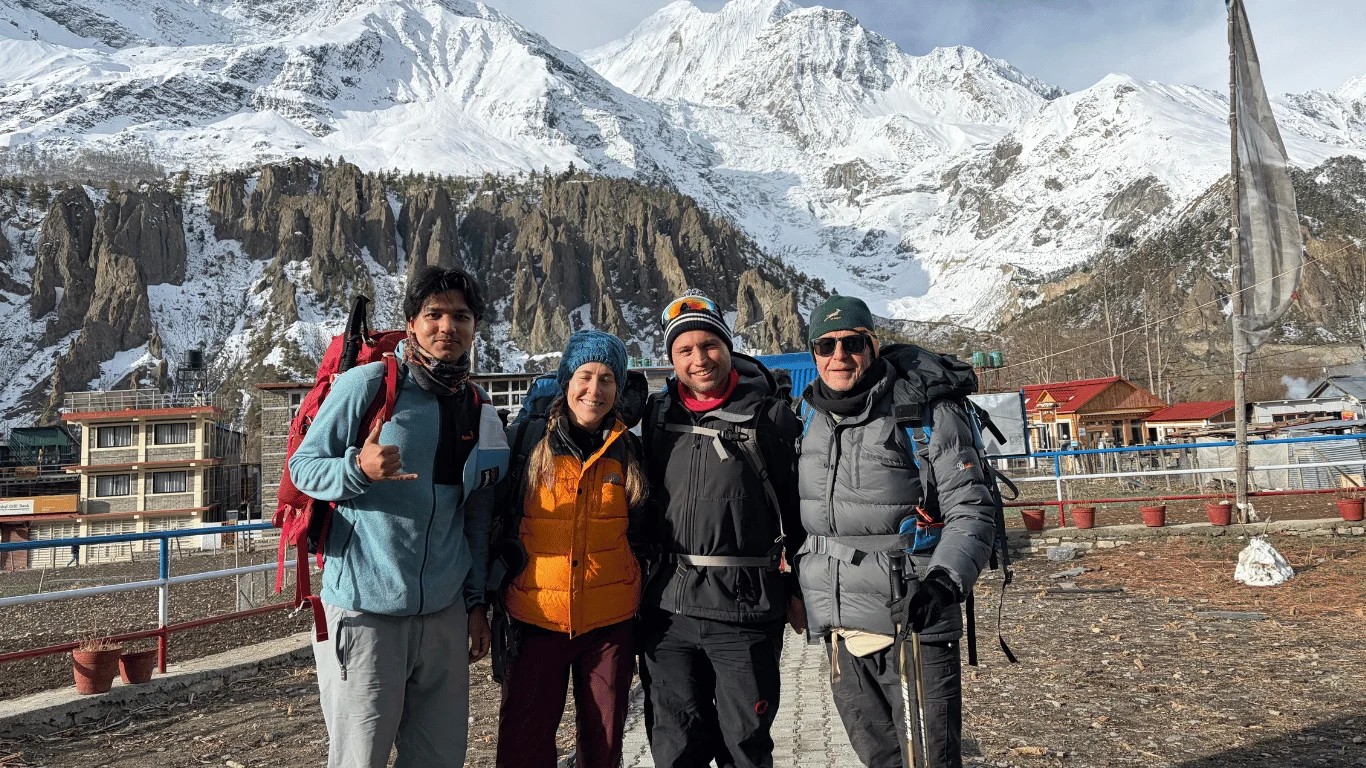Majestic Trails Nepal trekking group in Manang at 3,540m before a Gangapurna Viewpoint acclimatisation hike on the Annapurna Circuit Trek in Nepal.