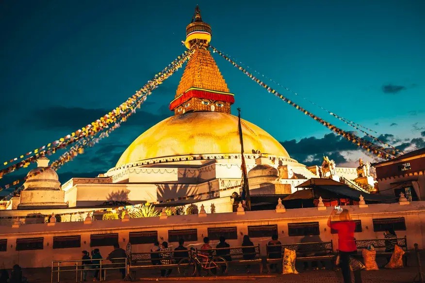 Boudhanath Stupa, sacred Buddhist site in Kathmandu, Nepal.