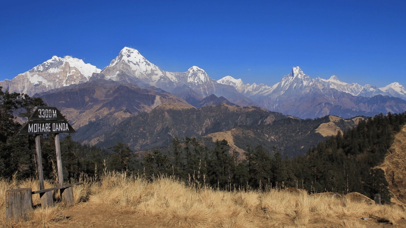 Panoramic view of the Annapurna mountain range from Mohare Danda in Nepal