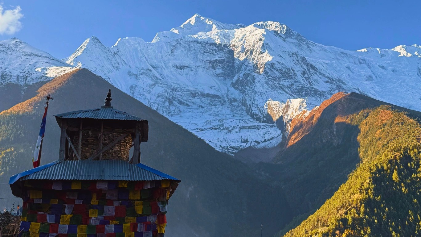 Upper Pisang village with Annapurna II and Annapurna IV rising in the background, showcasing one of the most scenic highlights during the best time to trek the Annapurna Circuit.