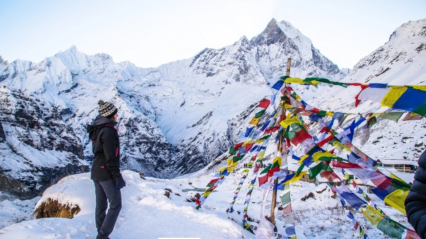 Trekkers at Annapurna Base Camp moderate trek Nepal Himalayan panorama