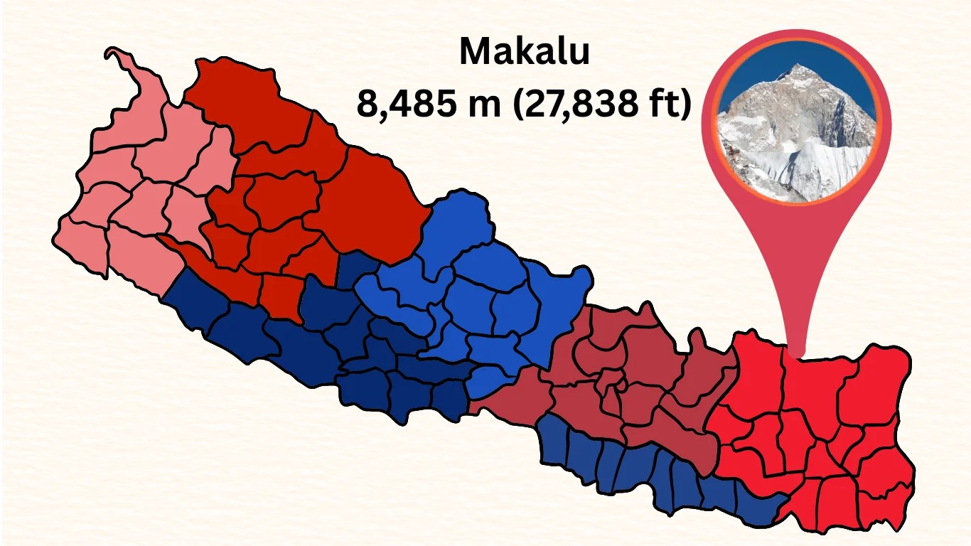 Map showing where Mount Makalu is located on the Nepal–Tibet border, 19 km southeast of Everest