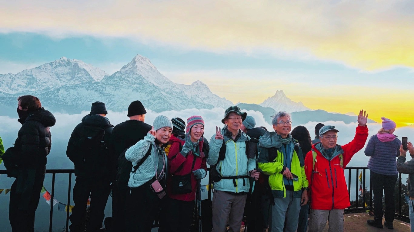 Senior trekkkers happy at poon hill short trek in nepal