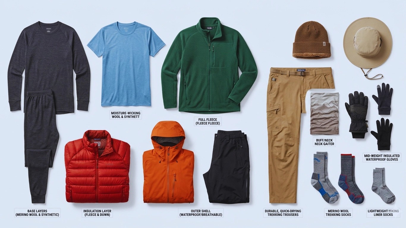 Essential clothing packing list for trekking in Nepal with base layers, jackets, and thermal gear