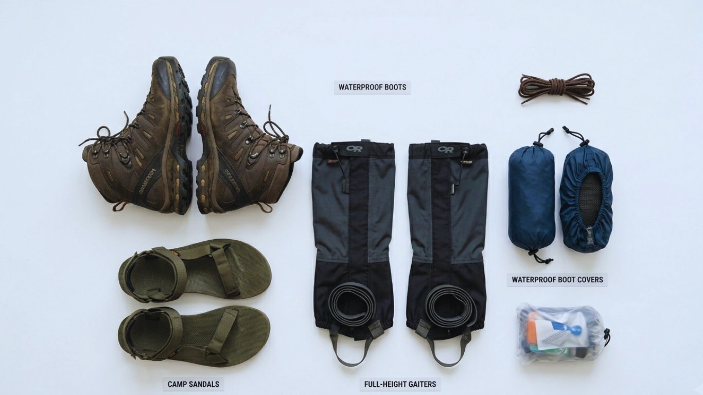 Footwear packing list for trekking in Nepal including waterproof boots and gaiters for Himalayan trails