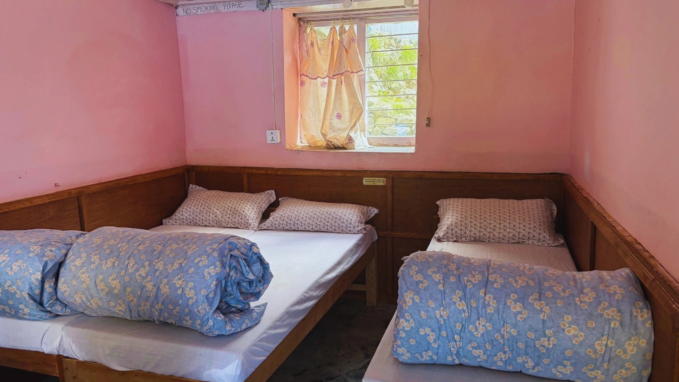 Twin beds inside a teahouse room during the Annapurna Base Camp Trek in Nepal.