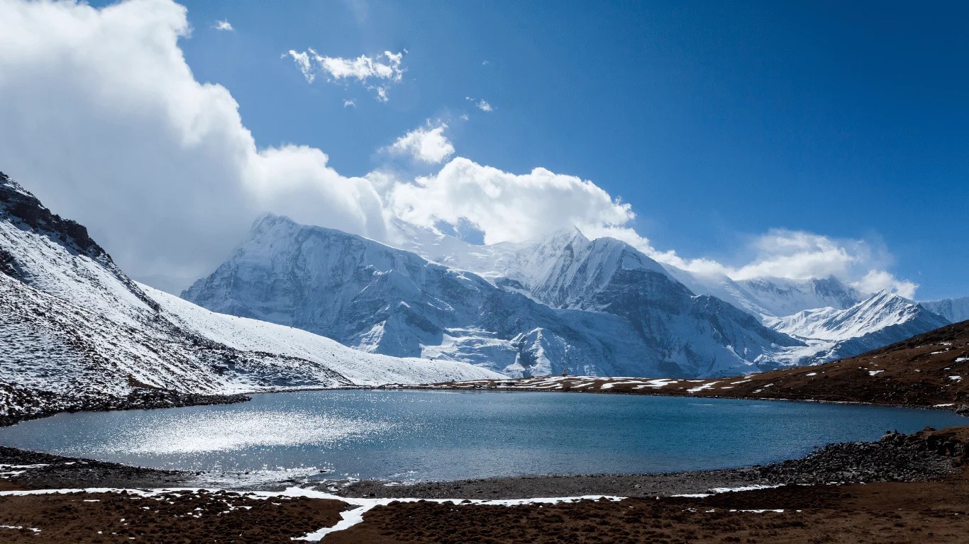 Ice Lake Kicho Tal at approximately 4,600 meters on the Annapurna Circuit in Nepal