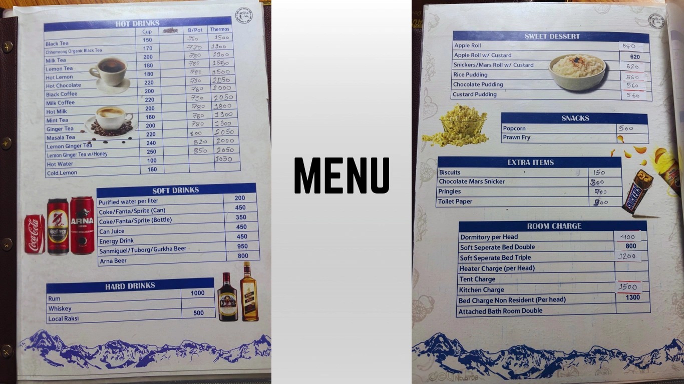 Menu with prices during abc trek