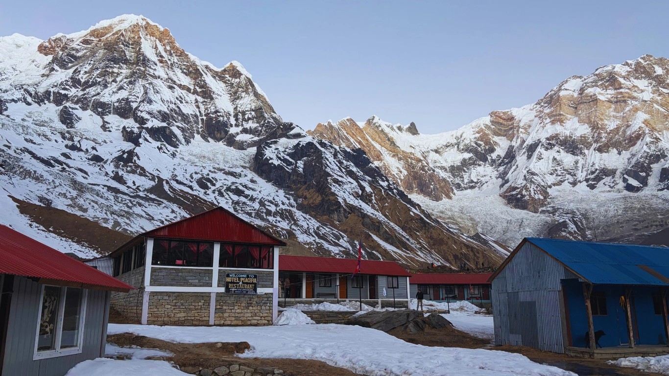 Peaceful pre-dawn view at Annapurna Base Camp with Annapurna South rising in the quiet before sunrise.