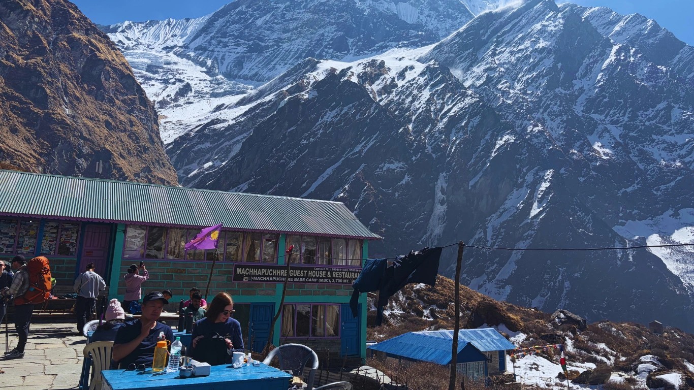 Trekkers sitting at Machapuchare Base Camp in the Annapurna region highlighting the altitude and Annapurna difficulty during the trek.