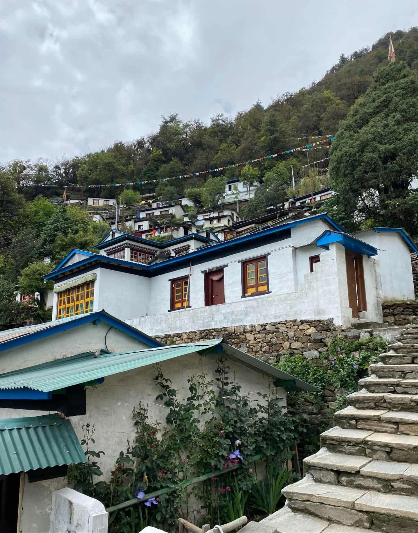 Thubten Chholing Monastery in Solu-Khumbu, Nepal, a prominent Tibetan Buddhist monastery surrounded by the Himalayan mountains