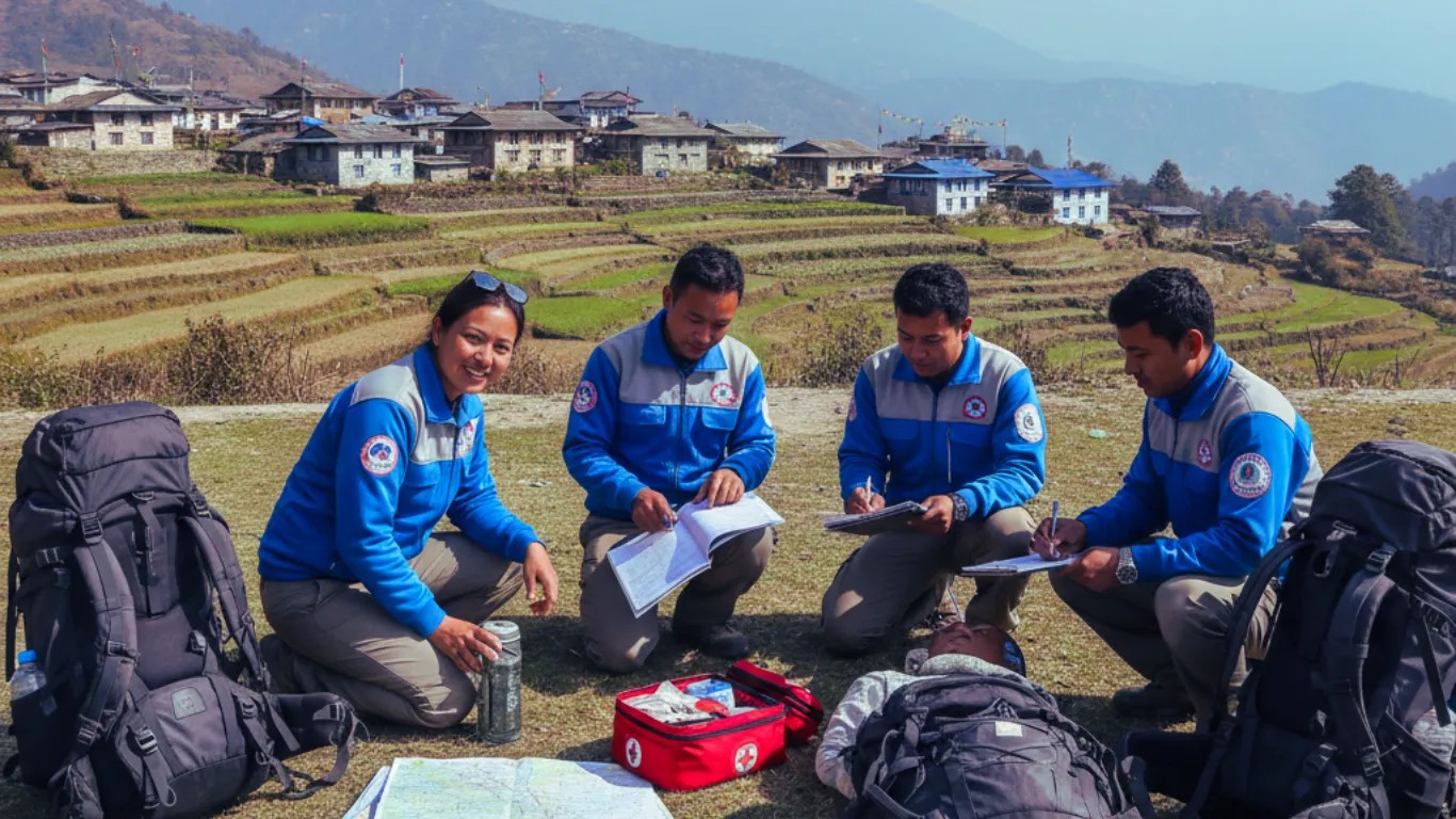 Nepali trekking guides receiving wilderness first aid and safety training