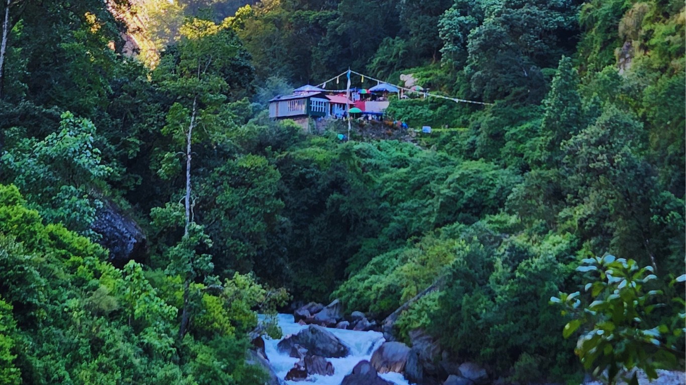 Teahouse on the right and river on the left along the Langtang Valley Trek trail illustrating trekking difficulty and natural landscape.