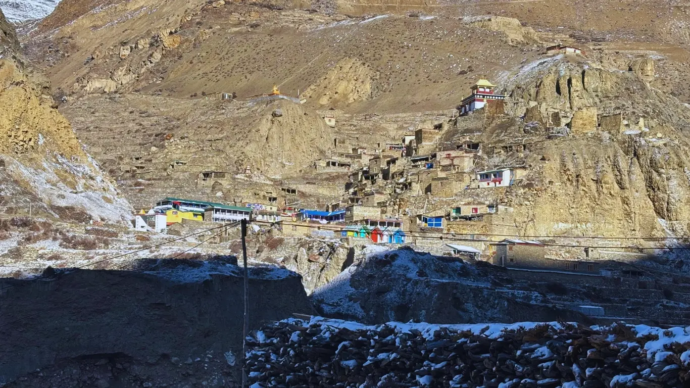 Nar Phu Valley village with stone houses and Tibetan prayer flags, Annapurna region Nepal