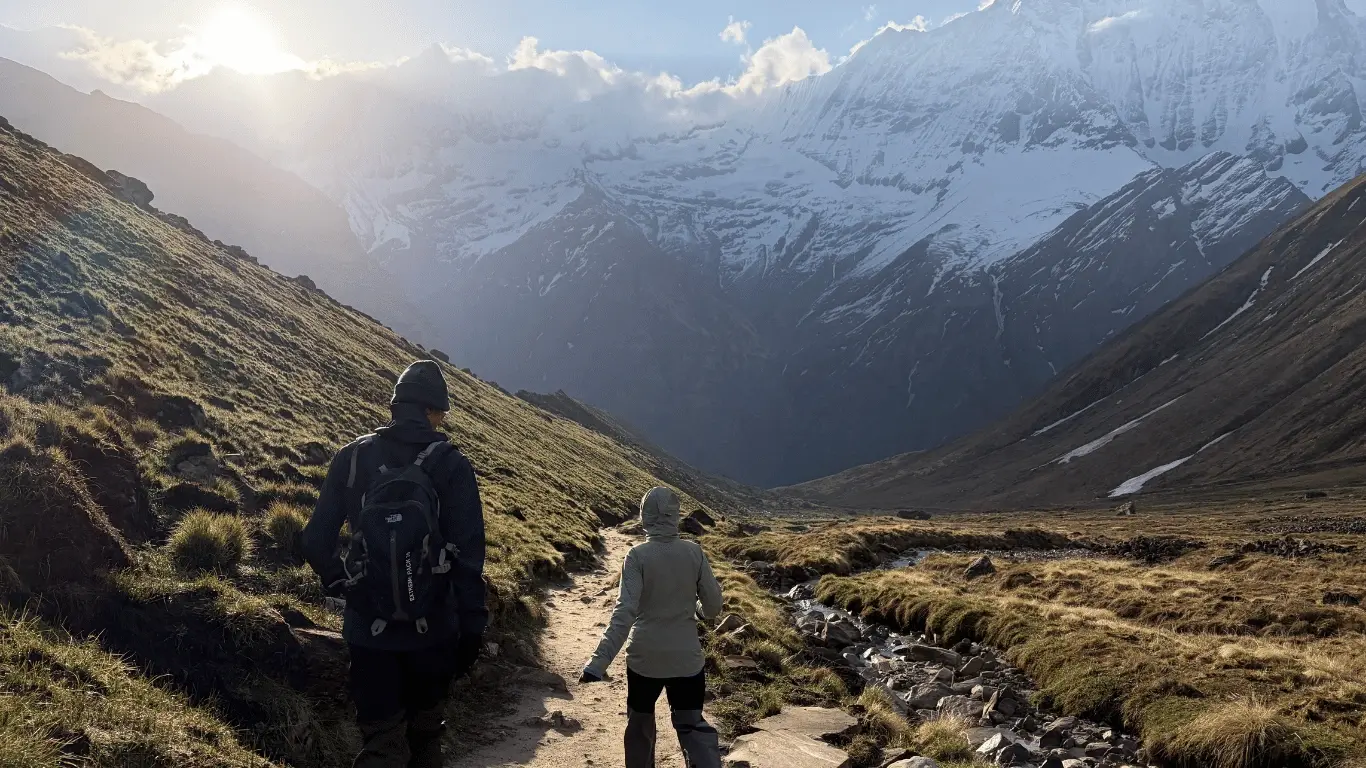 Trekkers descending from Annapurna Base Camp through the Himalayan trail in Nepal