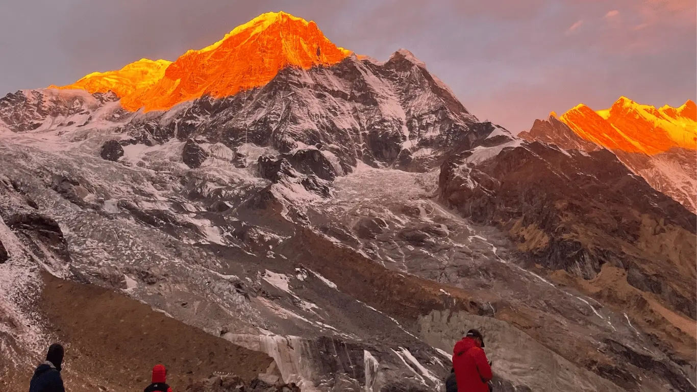 Golden sunrise over Annapurna South at Annapurna Base Camp, Nepal